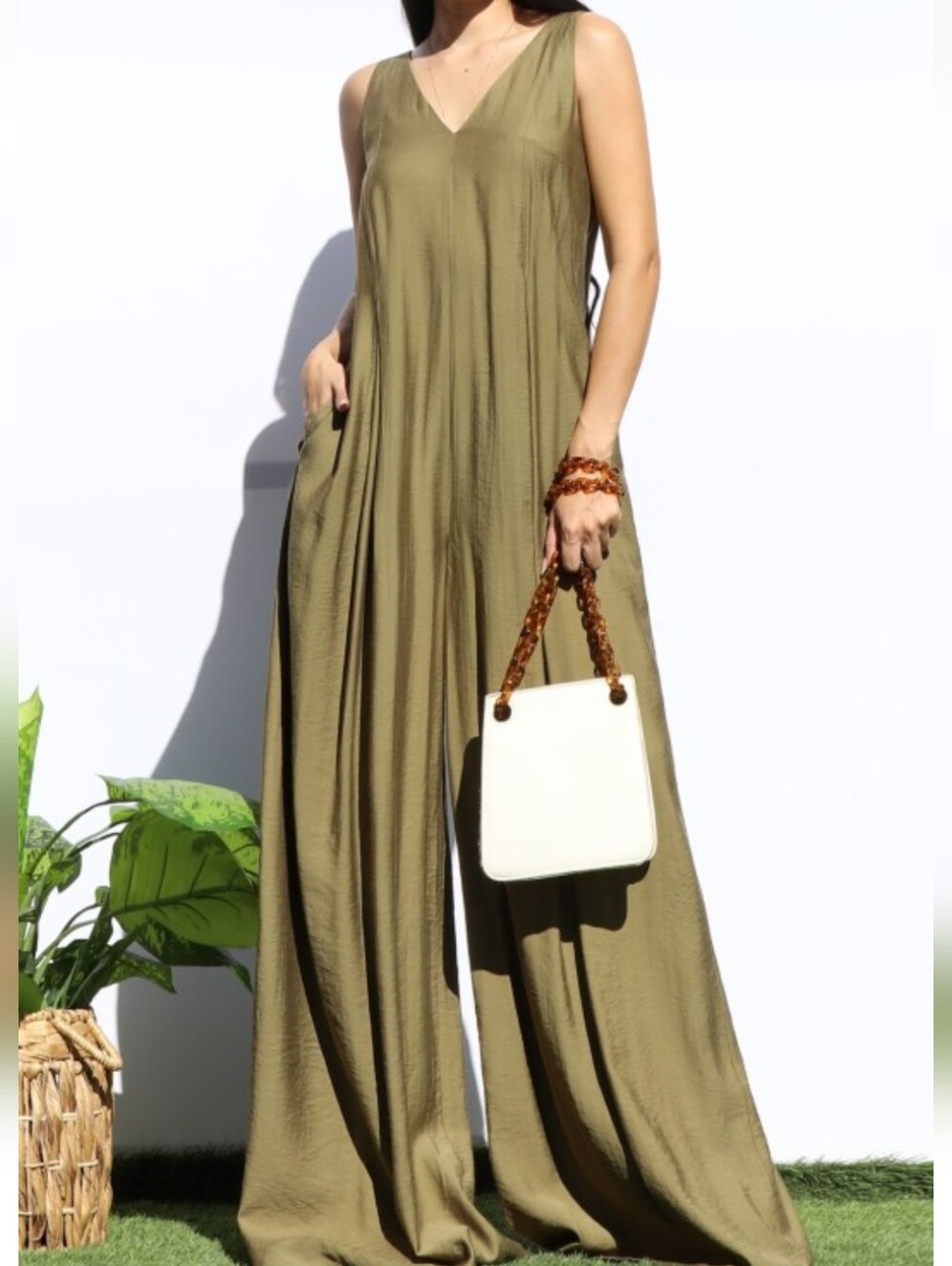 Sleeveless Wide-Leg V-Neck Jumpsuit in Olive Green NWT